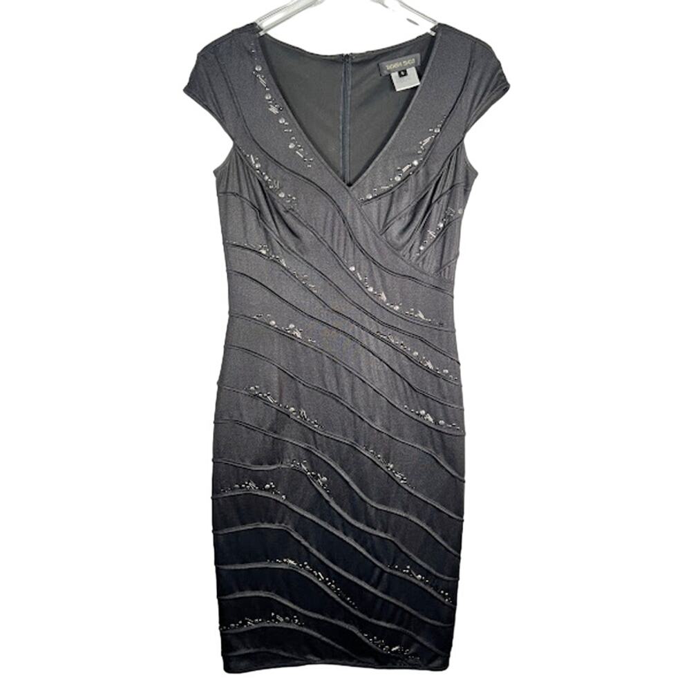 Tadashi Shoji Beaded Embellished Cocktail Bodycon Dress S Black Stretch